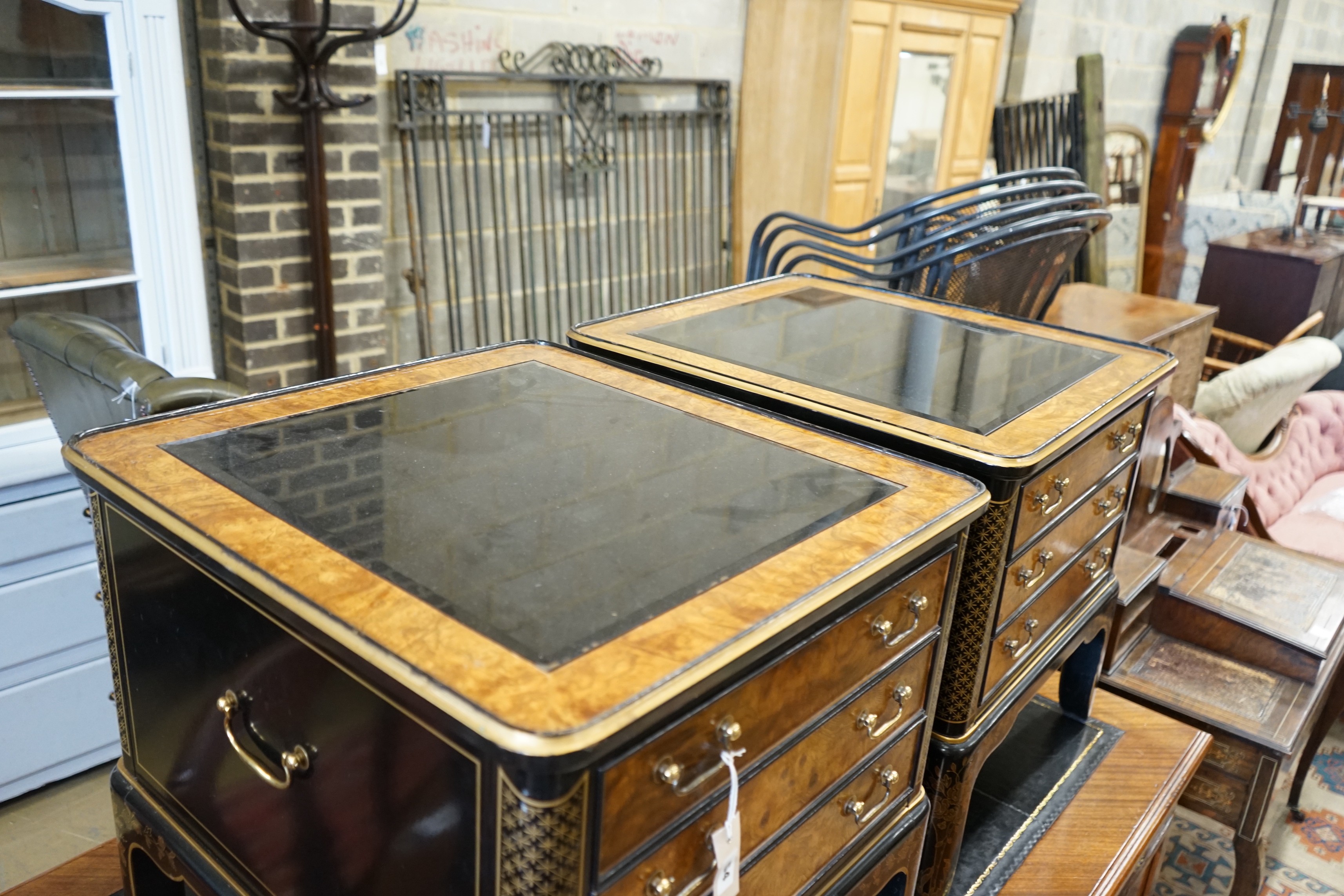 A pair of Drexel chinoiserie decorated, ebonised and pollard oak three drawer tables with glass tops, length 60cm, depth 66cm, height 62cm